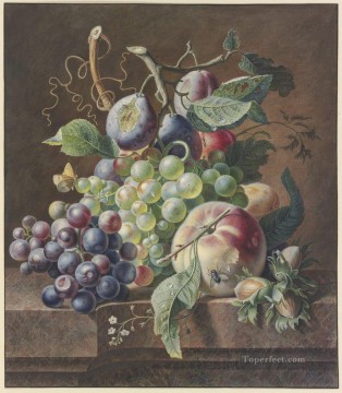 Classic Still Life Painting - still life of peaches and grapes Blumenbouquet dabei ein toter Vogel Jan van Huysum